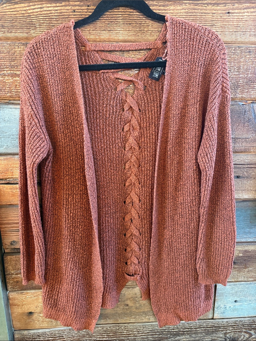 Sweet Wanderer Rust Rose Lace-Up Open-Front Cardigan